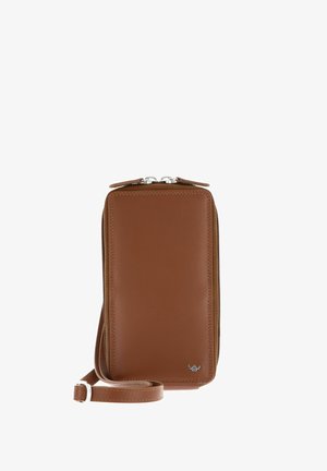 Brown leather crossbody phone bag with silver zipper and small metallic logo on bottom right corner.