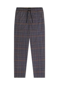 Navy blue pajama pants with orange and beige grid pattern, elastic waistband, and black drawstring tie.