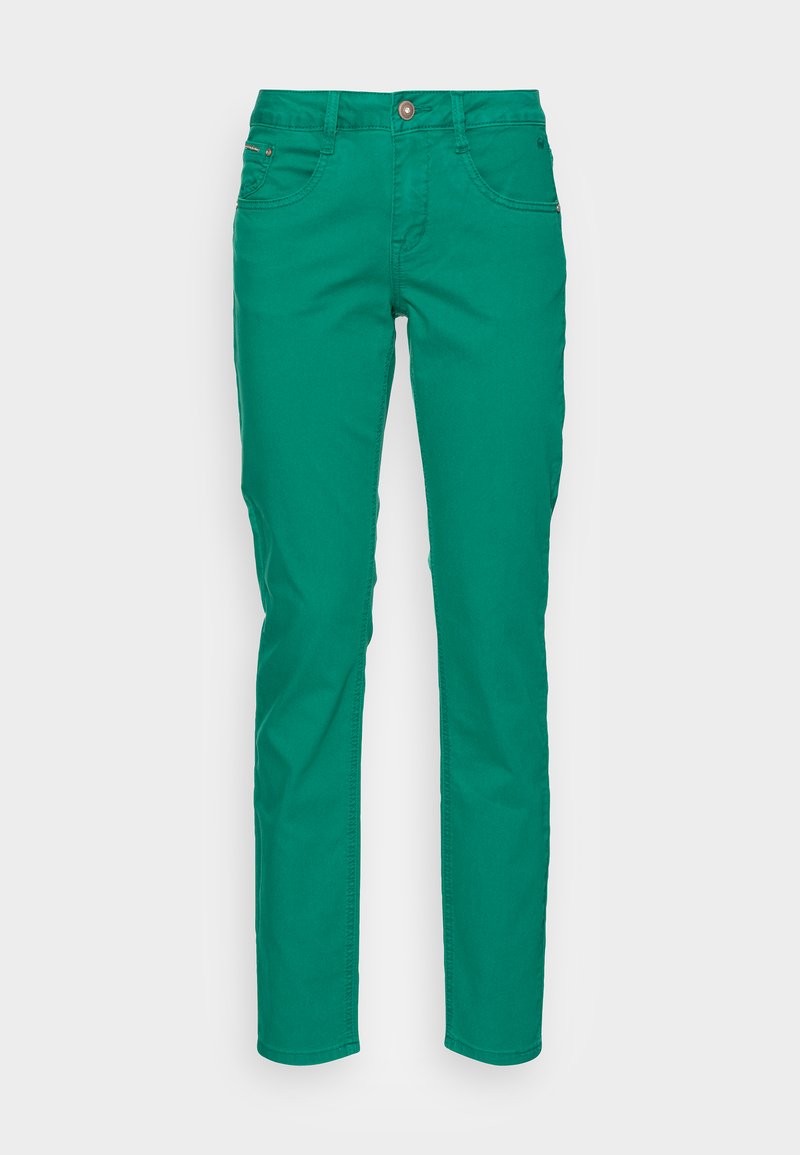 Calças de algodão verdes com um corte slim, design de cinco bolsos e fecho frontal por botão. Textura suave e cor uniforme em todo o tecido.