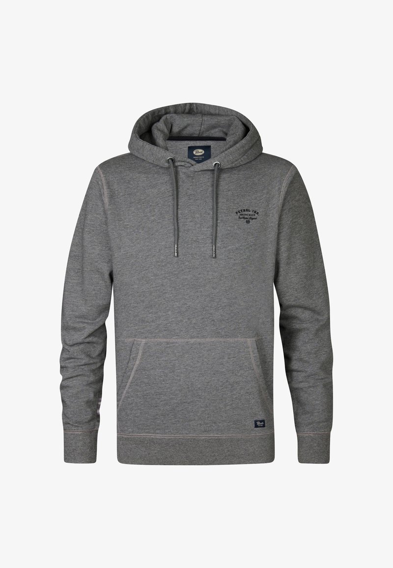 Sudadera gris hecha de tejido suave, con capucha ajustable, bolsillo tipo canguro en el frontal y un discreto logo en el pecho.