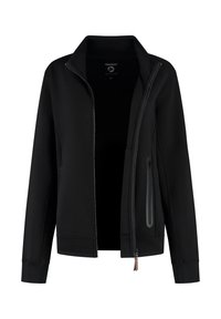 Zwarte ritssluitingjack met opstaande kraag, lange mouwen en ritszakken aan de zijkant, geopend getoond tegen een witte achtergrond.