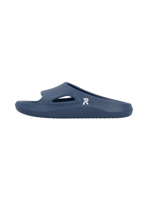 Sandale slide bleu marine avec semelle ergonomique profilée, bout ouvert, découpes latérales et logo blanc "R" sur la bride supérieure.