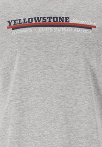 Grå bomulls t-shirt med "YELLOWSTONE National Park" i marinblå och röd text, med "WYOMING • UNITED STATES OF AMERICA" nedanför.