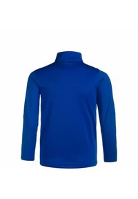 Maglietta blu a maniche lunghe con colletto alto. Realizzata in un tessuto liscio ed elastico. Presenta maniche aderenti e un design semplice e texturizzato.