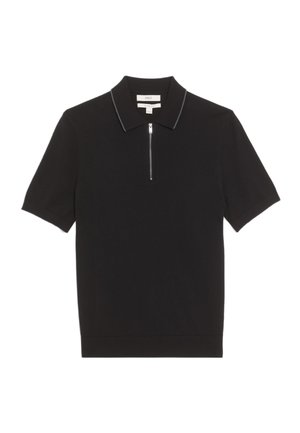 Svart kortärmad polo skjorta gjord av ett mjukt tyg, med en dragkedja framtill och en kontrasterande krage med subtil kantdetalj.