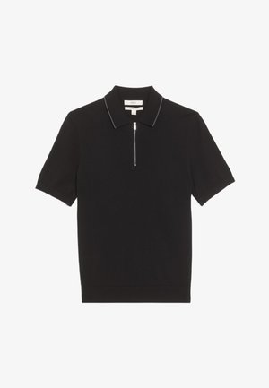 Black short-sleeve polo shirt made of smooth fabric, featuring a zippered placket and a contrasting collar with subtle piping detail.