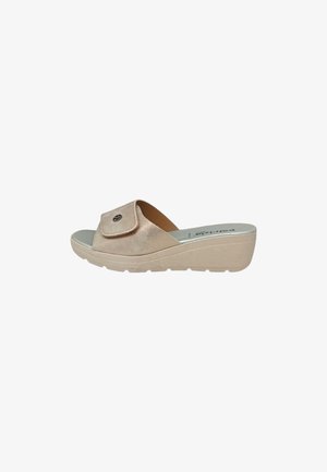 Sandalo zeppa beige con punta aperta, cinturino in velcro regolabile e suola testurizzata per una migliore aderenza, progettato per un uso casual.