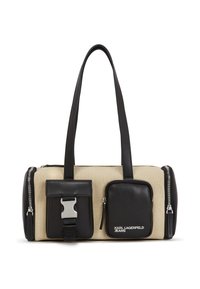 Beige Canvas-Tasche mit schwarzen Lederakzenten, doppelten oberen Griffen, zwei Reißverschlusstaschen und Logo-Details. Verfügt über ein elegantes und strukturiertes Design.