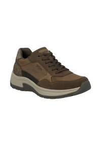 Brown sneaker with a mix of smooth and textured materials, featuring a cushioned sole, lacing system, and a black accent panel.