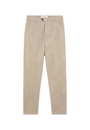 Pantaloni beige in cotone, caratterizzati da un design classico con tasche frontali, chiusura a bottone e gamba dritta.