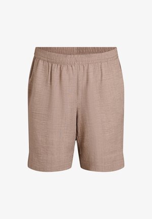 Beige lyhyet housut, jotka on valmistettu teksturoidusta kankaasta; niissä on joustava vyötärö ja sivutaskut; rento, löysä istuvuus ja keskipitkä pituus, joka ulottuu reiteen.