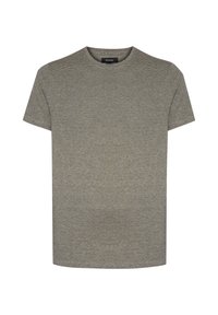 Short-sleeve t-shirt in textured olive green fabric with a round neckline. Features subtle horizontal stripes and a relaxed fit.
