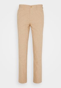 Pantaloni di lino beige con una finitura testurizzata, design a gamba dritta, chiusura con zip e un singolo bottone dorato sulla parte anteriore della vita.