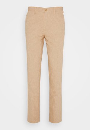 Beige linen pants with a textured finish, straight leg design, zip fly, and a single gold button on the front waistband.