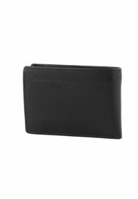 Portefeuille en cuir noir, design plié en deux, surface texturée, coins arrondis, couture visible le long des bords, sans marque ni matériel visible.