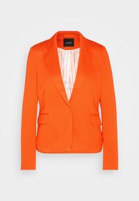 Veste orange avec col cranté, deux poches avant et une doublure intérieure rayée. Tissu lisse avec une coupe ajustée.