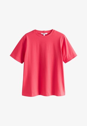 Korallenrotes Baumwoll-T-Shirt mit kurzen Ärmeln, rundem Ausschnitt und glatter Textur. Einfaches Design ohne sichtbare Muster oder Akzente.