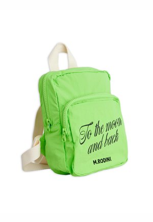 Small bright green backpack with cream straps, featuring front pocket and text "To the moon and back" and "M. Rodini" on pocket.