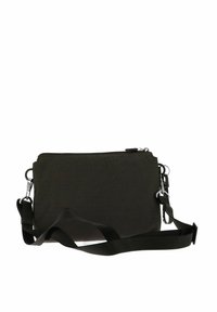Petit sac bandoulière noir avec sangle réglable et fermoirs en métal argenté, présenté sur un fond blanc.