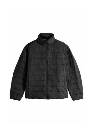 Schwarze gepolsterte Jacke mit hohem Kragen, Frontreißverschluss und Seitentaschen. Verfügt über horizontale Nähte und ein leichtes, strukturiertes Material.