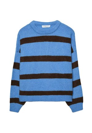 Modro-rjave črtast pulover z okroglim izrezom, rebrastimi manšetami in spodnjim robom. Iz mehkega pletenega materiala. Ohlapen, prevelik kroj.