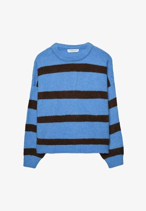 Maglione a righe blu e marroni con scollo rotondo, polsini e orlo a coste. Realizzato in morbido materiale a maglia. Vestibilità oversize e squadrata.