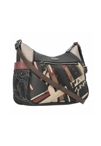 Schwarz-beige Schultertasche mit einer strukturierten Oberfläche, die abstrakte Muster in Braun, Rosa und Creme zeigt. Verstellbarer Schulterriemen und Reißverschlussfächer.