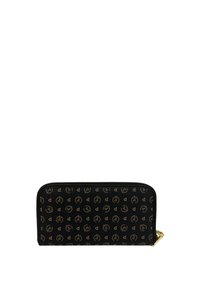 Portafoglio zip-around nero con motivo monogramma circolare marrone e zip dorata.