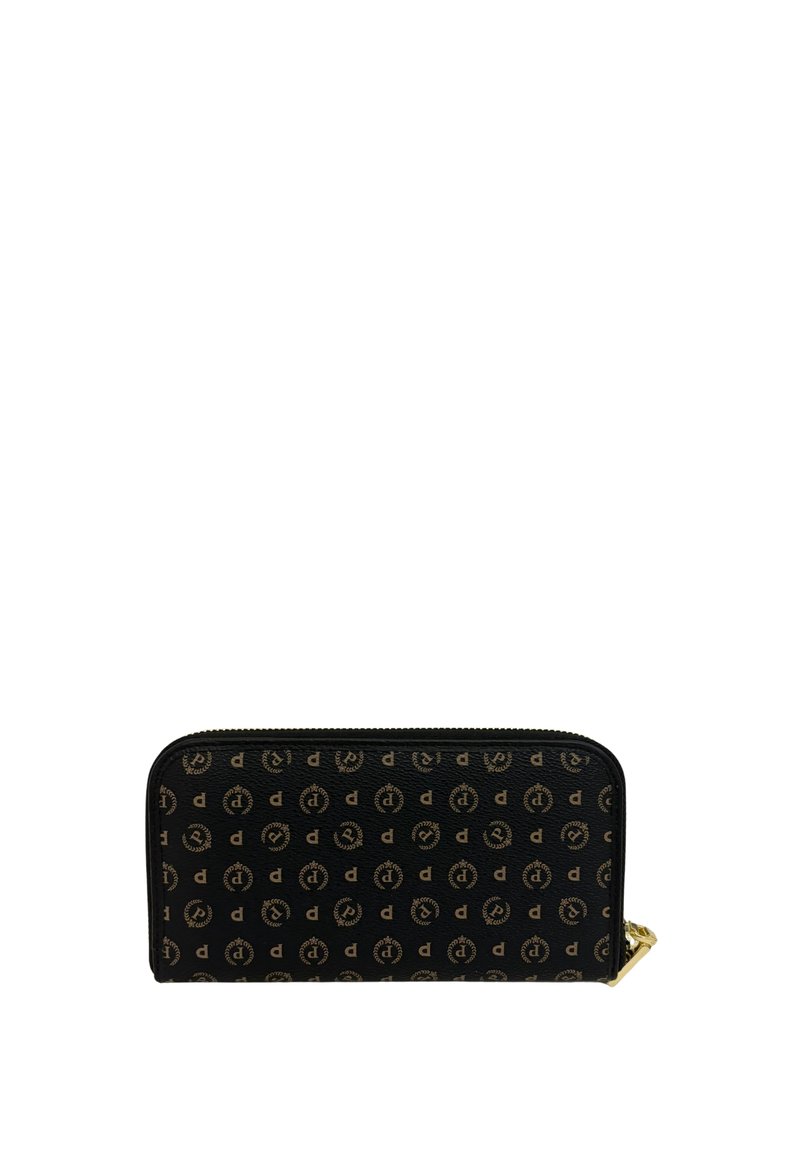 Portafoglio zip-around nero con motivo monogramma circolare marrone e zip dorata.