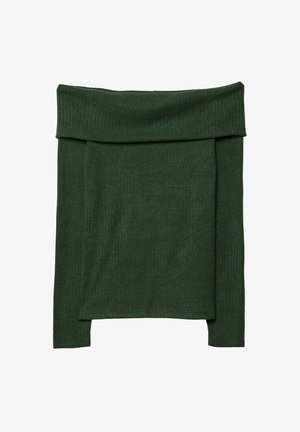 Temno zelena pulover z odprtimi rameni, z rebrasto teksturo, dolgimi rokavi in prepognjenim ovratnikom. Mehka tekstura in tesno prilegajoč dizajn.