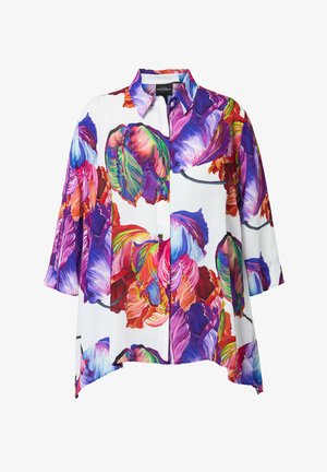 Valkoinen paita, jossa suuri, värikäs kukkakuosi violetteja, pinkkejä, punaisia, vihreitä ja sinisiä sävyjä, kaulus ja kolme neljänneksen mittaiset hihat.