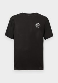 Sort bomulds T-shirt med korte ærmer, rund halsudskæring, der har et hvidt logo med en bølge og ordet "O'Neill" på brystet.