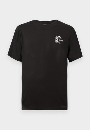 T-shirt en coton noir à manches courtes, col rond, présentant un logo blanc avec une vague et le mot "O'Neill" sur la poitrine.