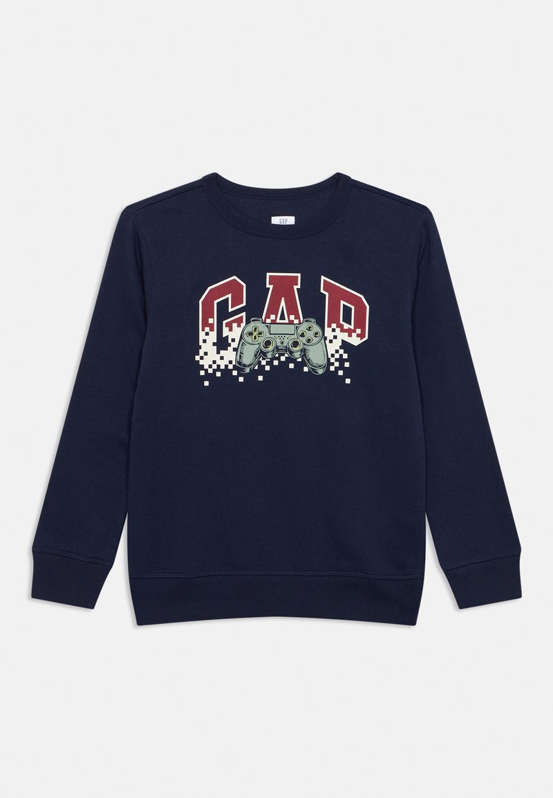 Felpa blu navy con logo "GAP" grafico in rosso, con illustrazione di un controller per videogiochi, materiale in cotone, scollo rotondo, polsini a costine.