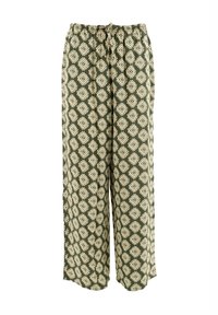 Pantaloni larghi a gamba larga verdi con un motivo a diamante crema. Vita elasticizzata per una regolazione ottimale; tessuto leggero e traspirante.