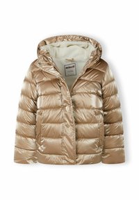 Šviesiai ruda pūkinė striukė su blizgaus, siuvinėto paviršiaus, su kapišonu ir švelnia vidine pamušalu. Įrengta užtrauktuku ir šoninėmis kišenėmis.