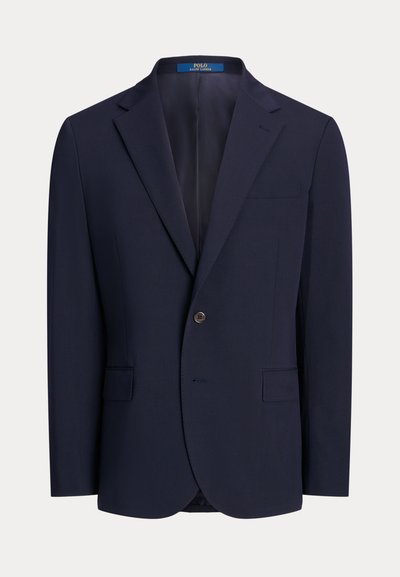 Blazer azul-marinho com fecho de um botão, lapelas em bico, dois bolsos frontais e um bolso no peito. Feito de tecido estruturado com uma textura suave.