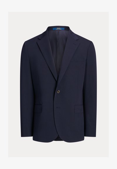 Marineblazer met een enkele knoopsluiting, reverskraag, twee voorzakken en een borstzak. Gemaakt van gestructureerde stof met een gladde textuur.