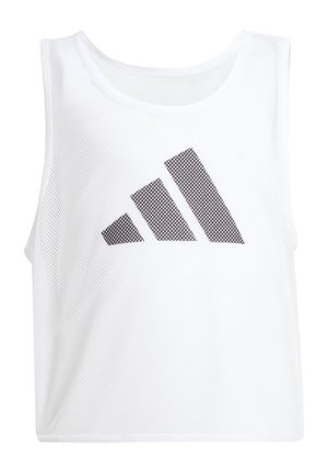 Hvid ærmeløs sportsvest i mesh med tre sorte diagonale striber som logo på frontens midte.