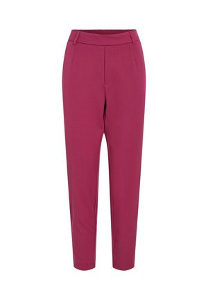 Strakke, hoog getailleerde broek in diep magenta, voorzien van een gladde textuur, zijzakken en taps toelopende pijpen voor een moderne uitstraling.