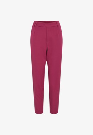 Prilagođene, hlače s visokim strukom u dubokoj magenti, s glatkom teksturom, bočnim džepovima i suženim nogavicama za moderan siluet.