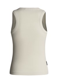 Μπλούζα χωρίς μανίκια με ριμπ ύφανση σε εκρού χρώμα, εμφανίζεται από πίσω με ευθεία ποδόγυρο και στρογγυλά ανοίγματα για τα χέρια.