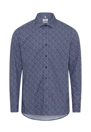 Long-sleeve button-up shirt featuring a blue pattern with geometric shapes, made of lightweight fabric and a curved hem.