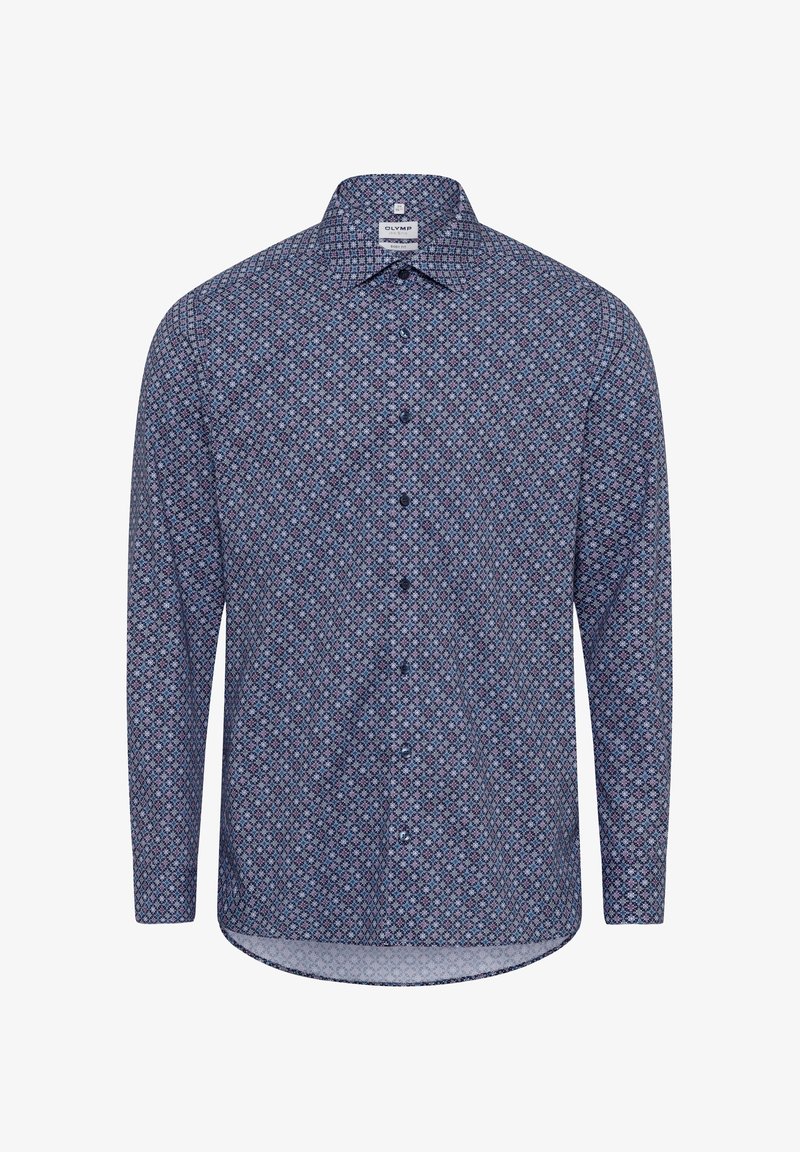 Langärmliges Kurzarmhemd mit einem blauen Muster aus geometrischen Formen, aus leichtem Stoff gefertigt und mit einem abgerundeten Saum.