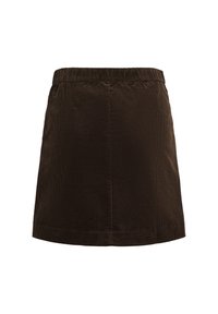 Mini-jupe en velours côtelé brun foncé avec taille élastique et bord droit, montrée sur fond blanc.