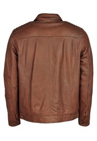 Bruine leren jas met een gladde textuur, voorzien van een klassieke kraag, gestikte patronen op de schouders en knopenaccenten op de manchetten.