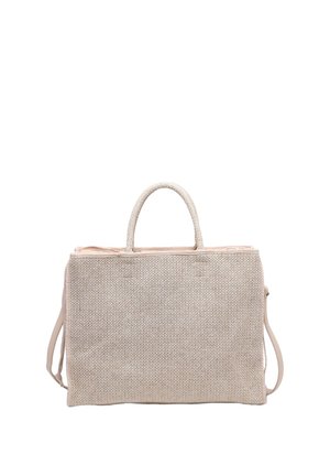 Borsa rettangolare beige in tessuto intrecciato con due manici corti e una tracolla lunga regolabile.
