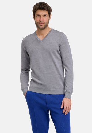 Pull gris en V en tissu tricoté, avec des manches longues et des poignets et un ourlet côtelés. Assorti à un pantalon bleu sur mesure.