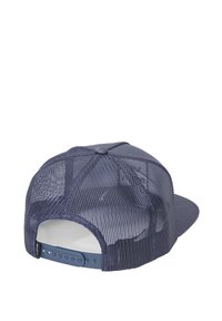 Navy blue cap with mesh back, flat brim, adjustable snap closure, and subtle textured pattern on the front panel.