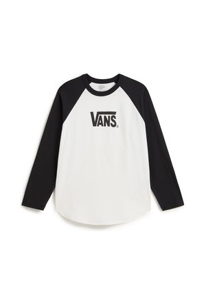 Long-sleeve white shirt with black raglan sleeves. Features a large black "VANS" logo on the front. Soft cotton material and rounded hem.